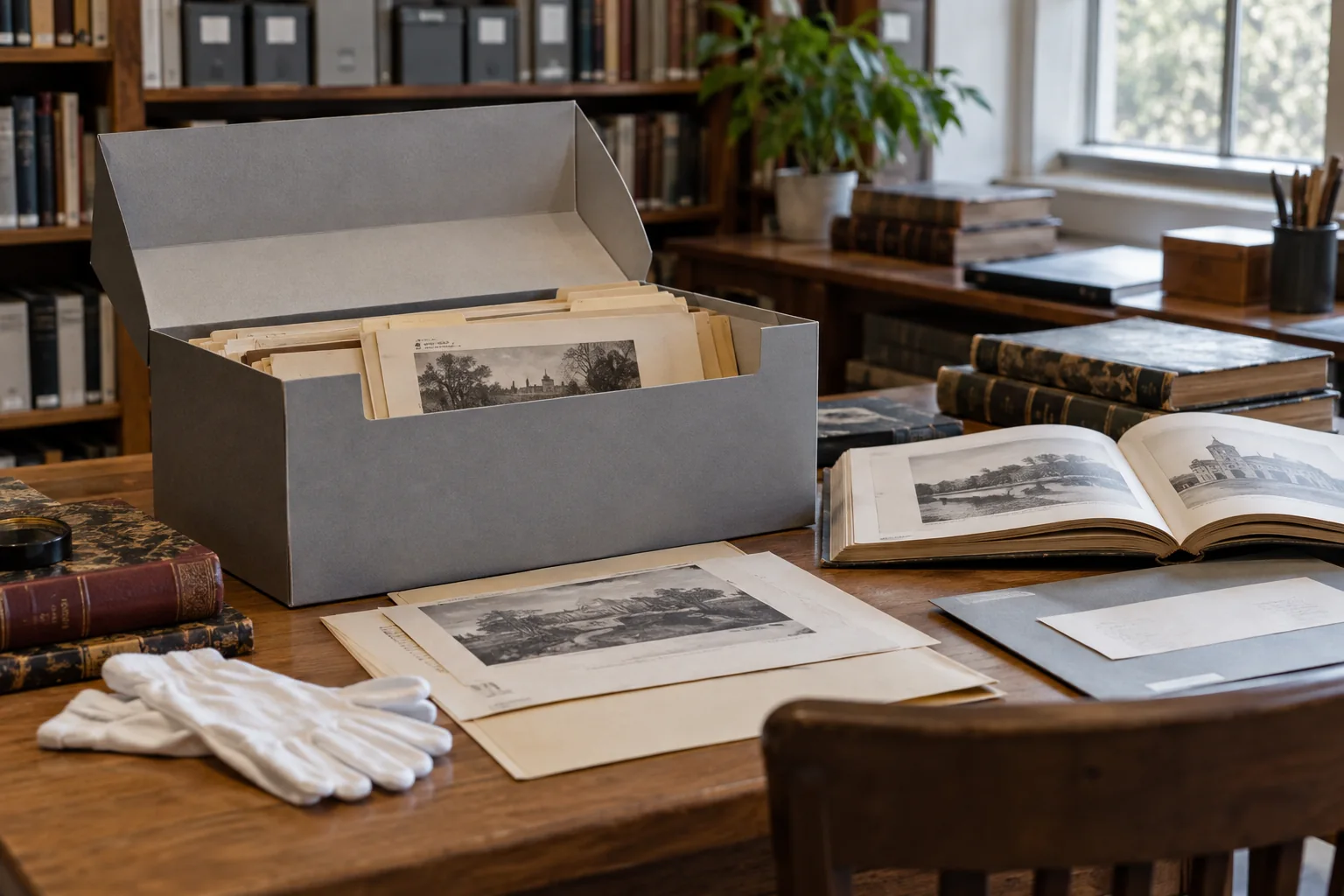 Archive folders and old catalogues on a library research desk