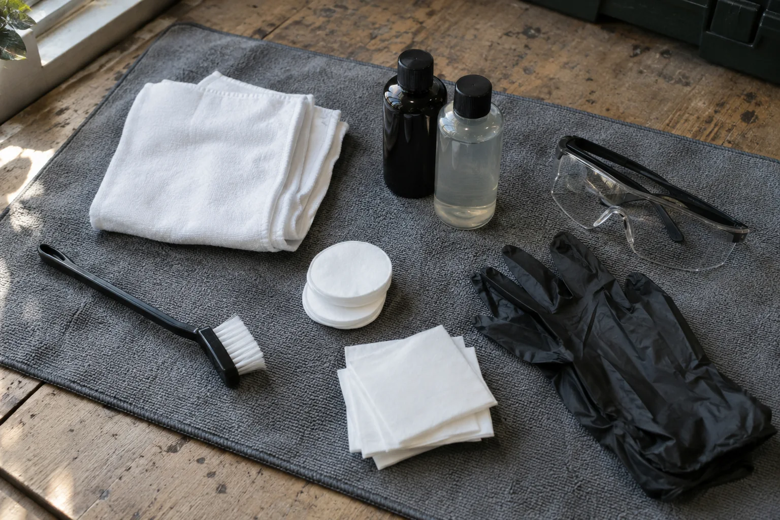 Cloths, a soft brush, gloves and maintenance supplies on a mat