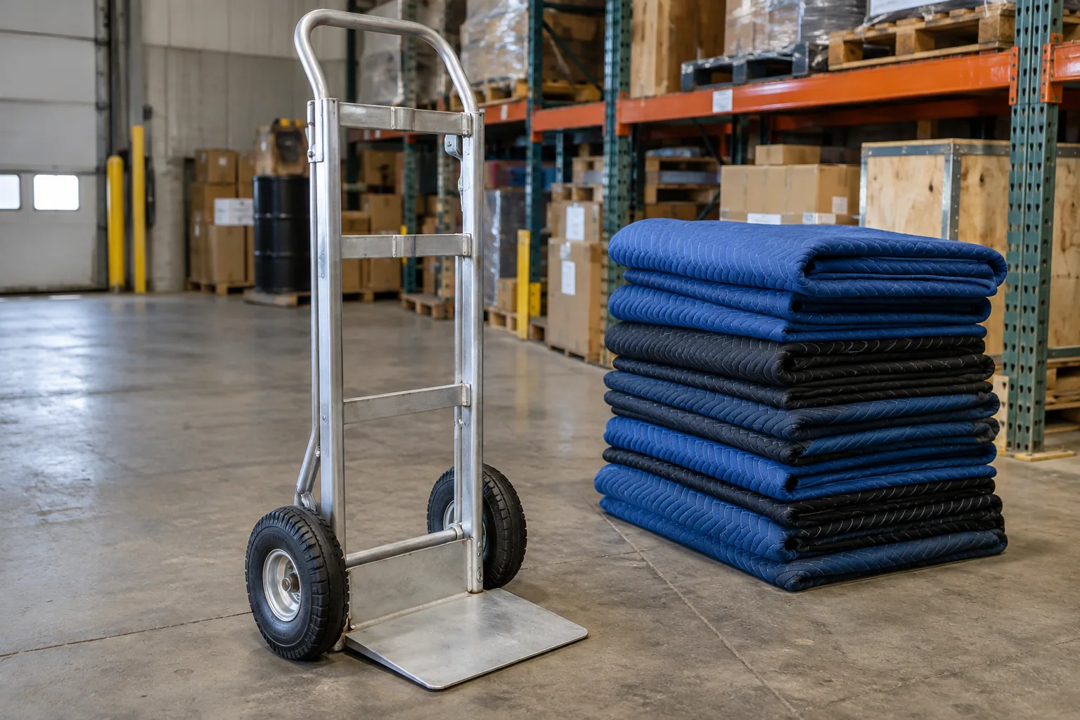 Empty appliance dolly beside folded moving blankets