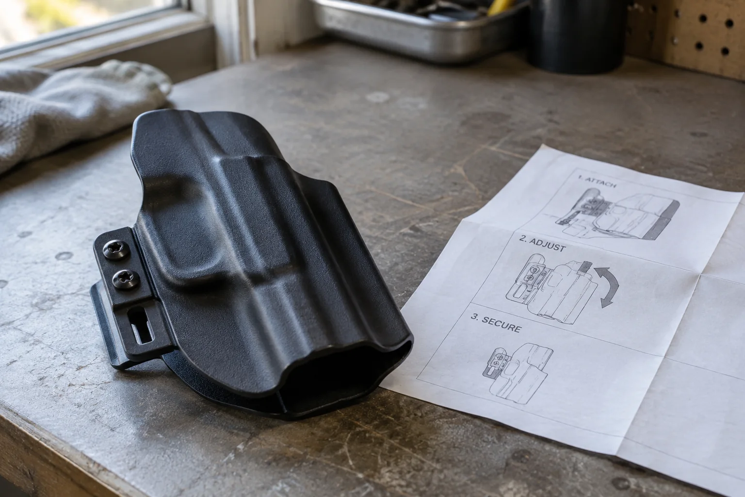 Empty moulded holster beside a product instruction sheet