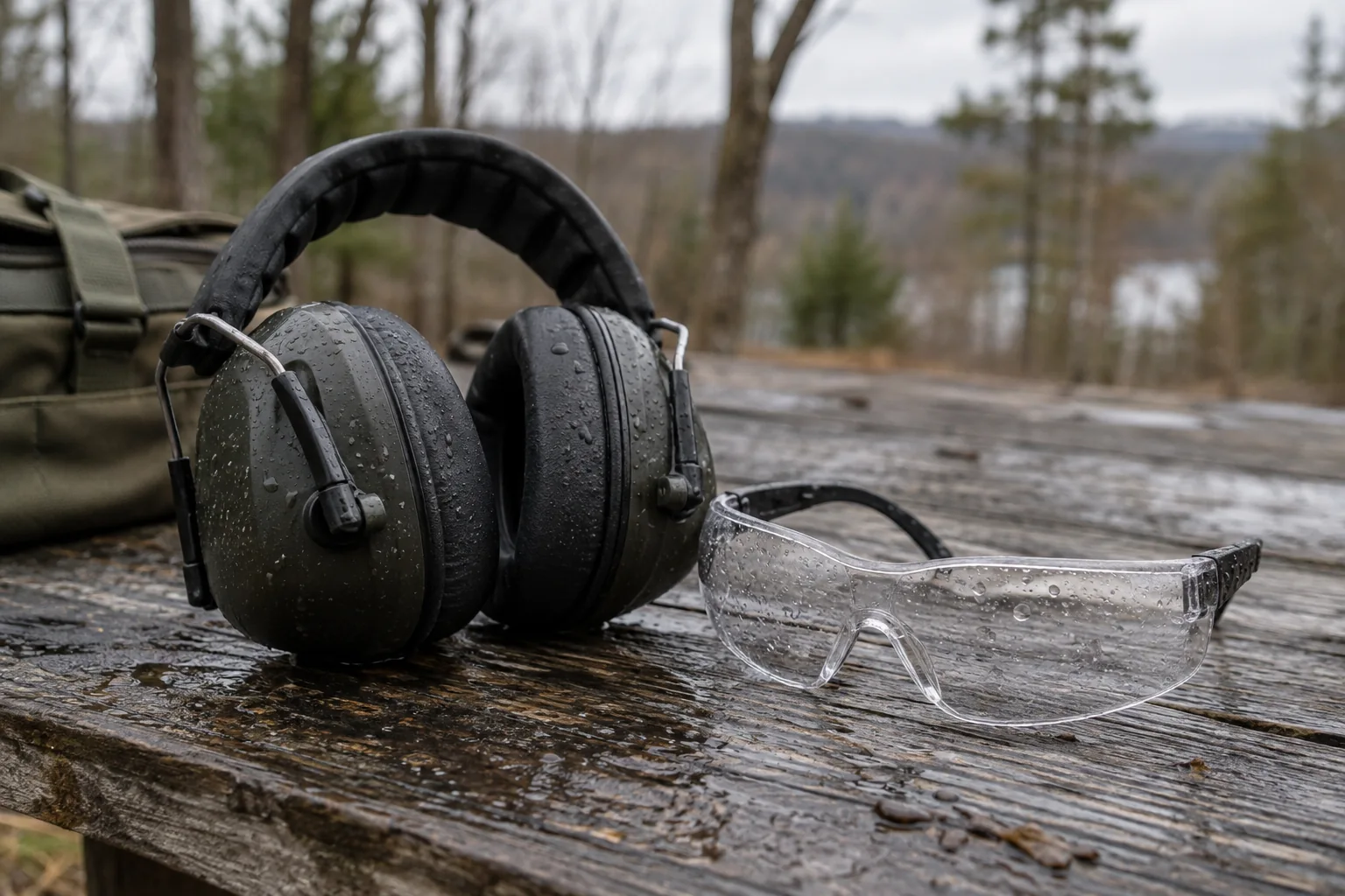 Protective ear defenders and clear safety glasses on an outdoor bench