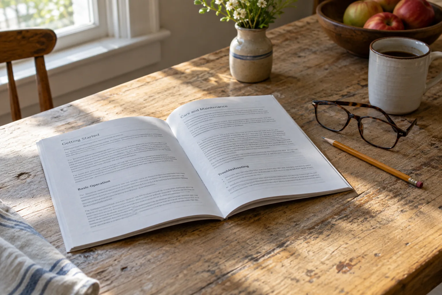 Open equipment booklet with reading glasses and a pencil