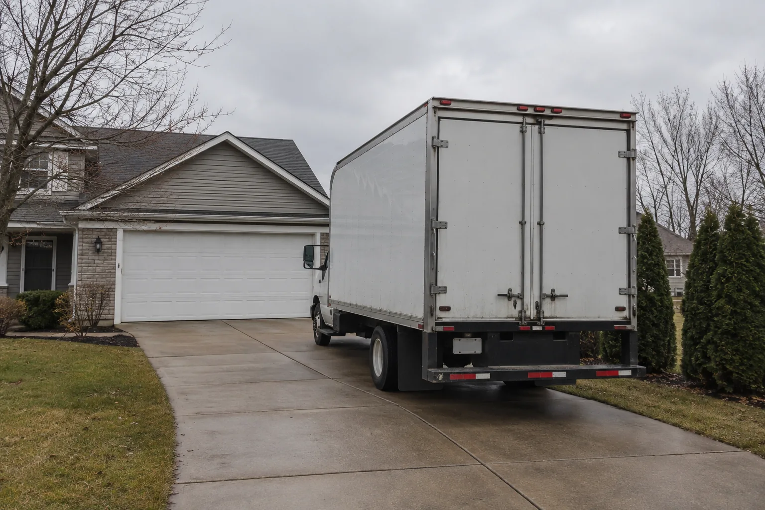 Unbranded moving van parked on a suburban driveway