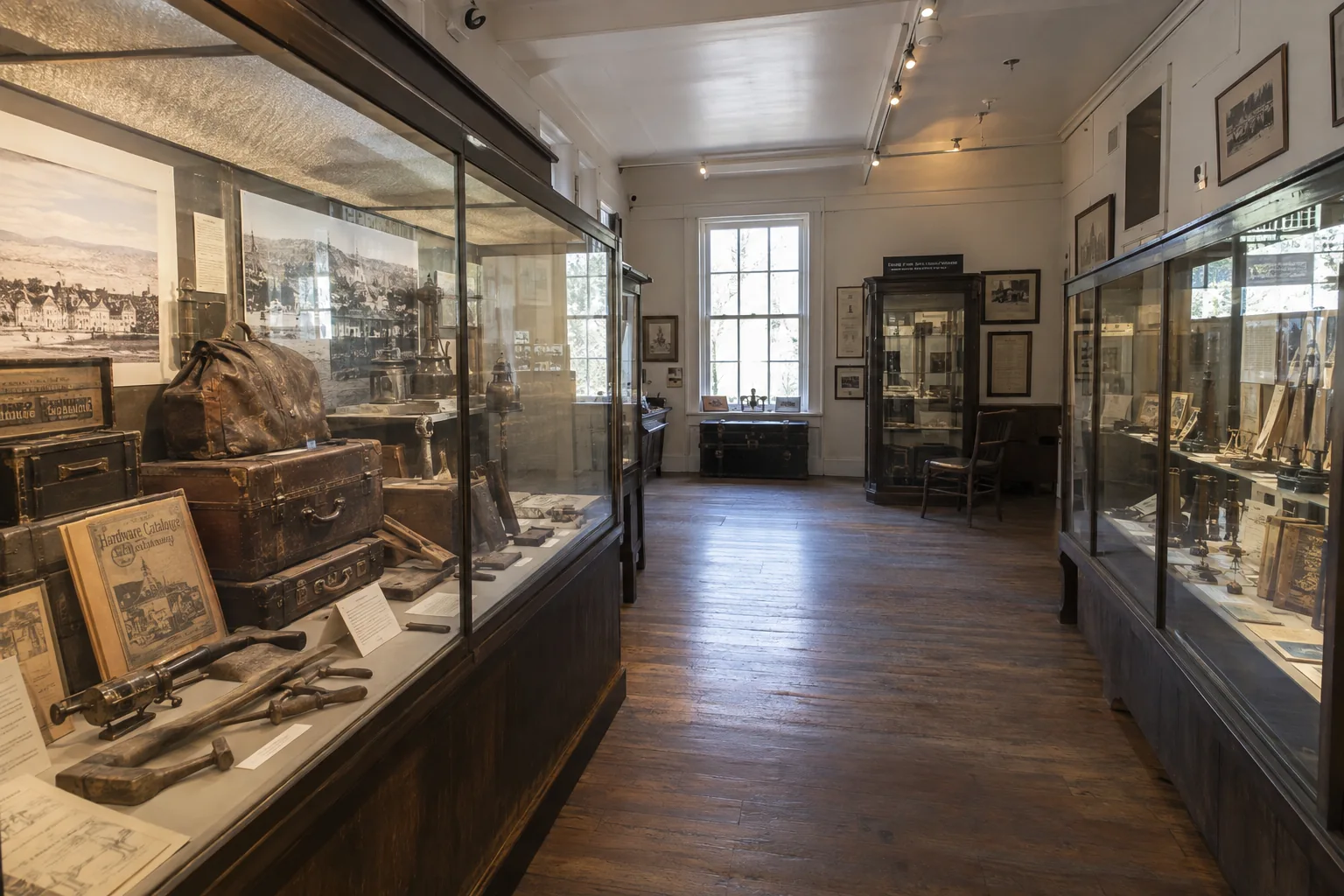 Local-history display cases with catalogues and everyday objects