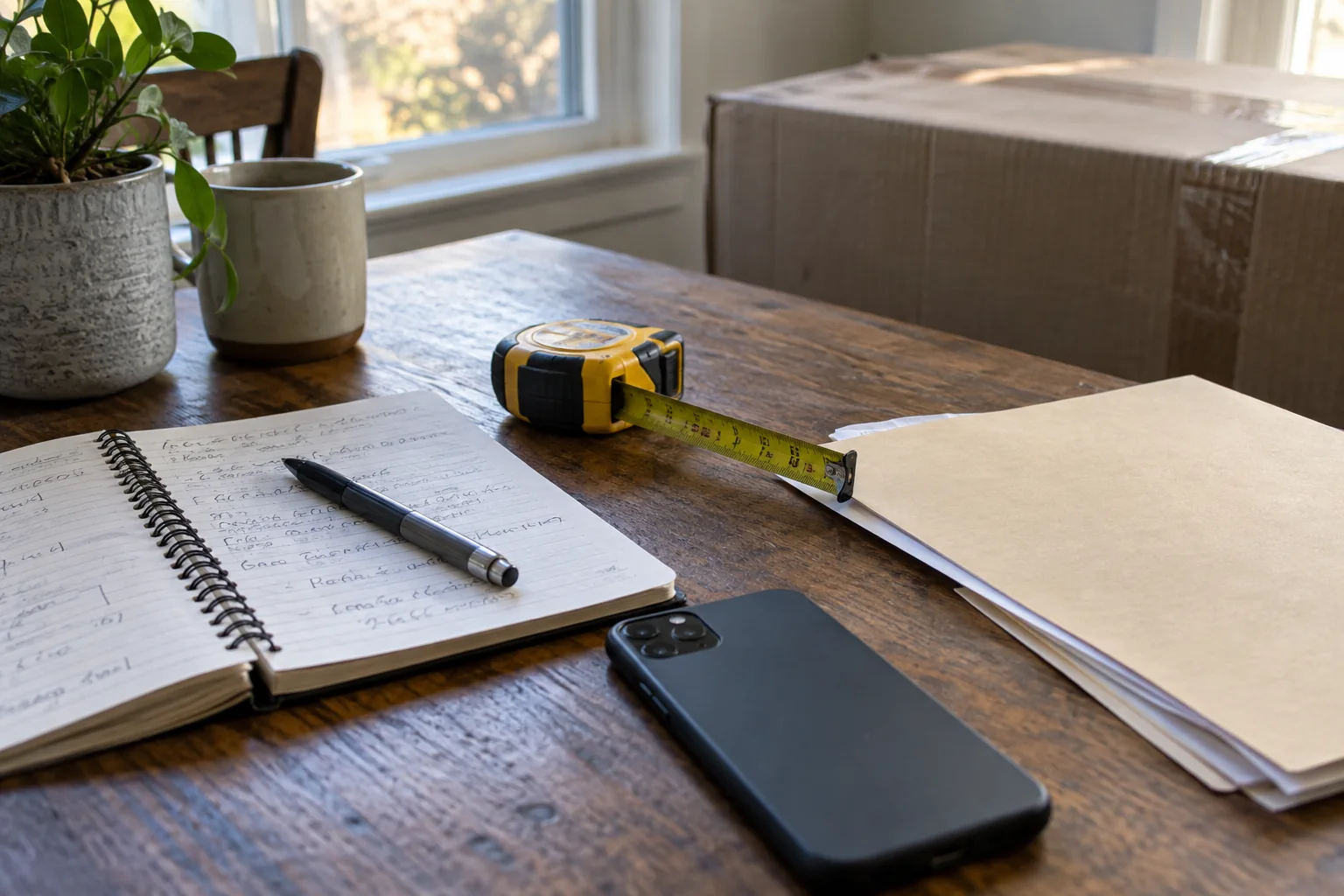 Notebook, measuring tape and delivery paperwork on a desk