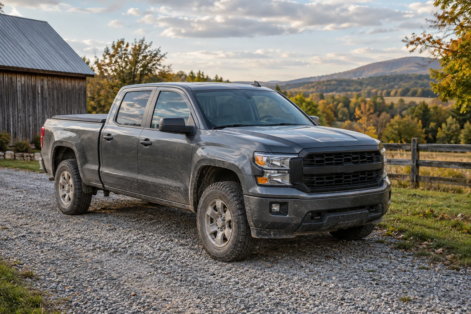 Pickup truck parked on a rural driveway