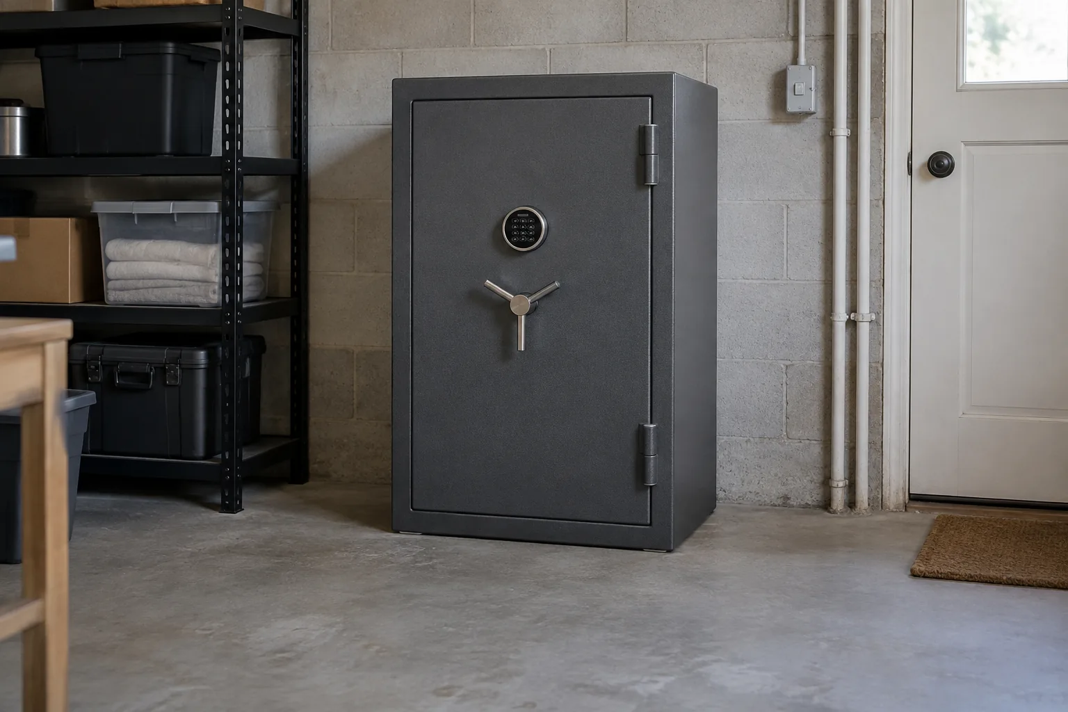 Closed home safe with space around it in a ground-floor room