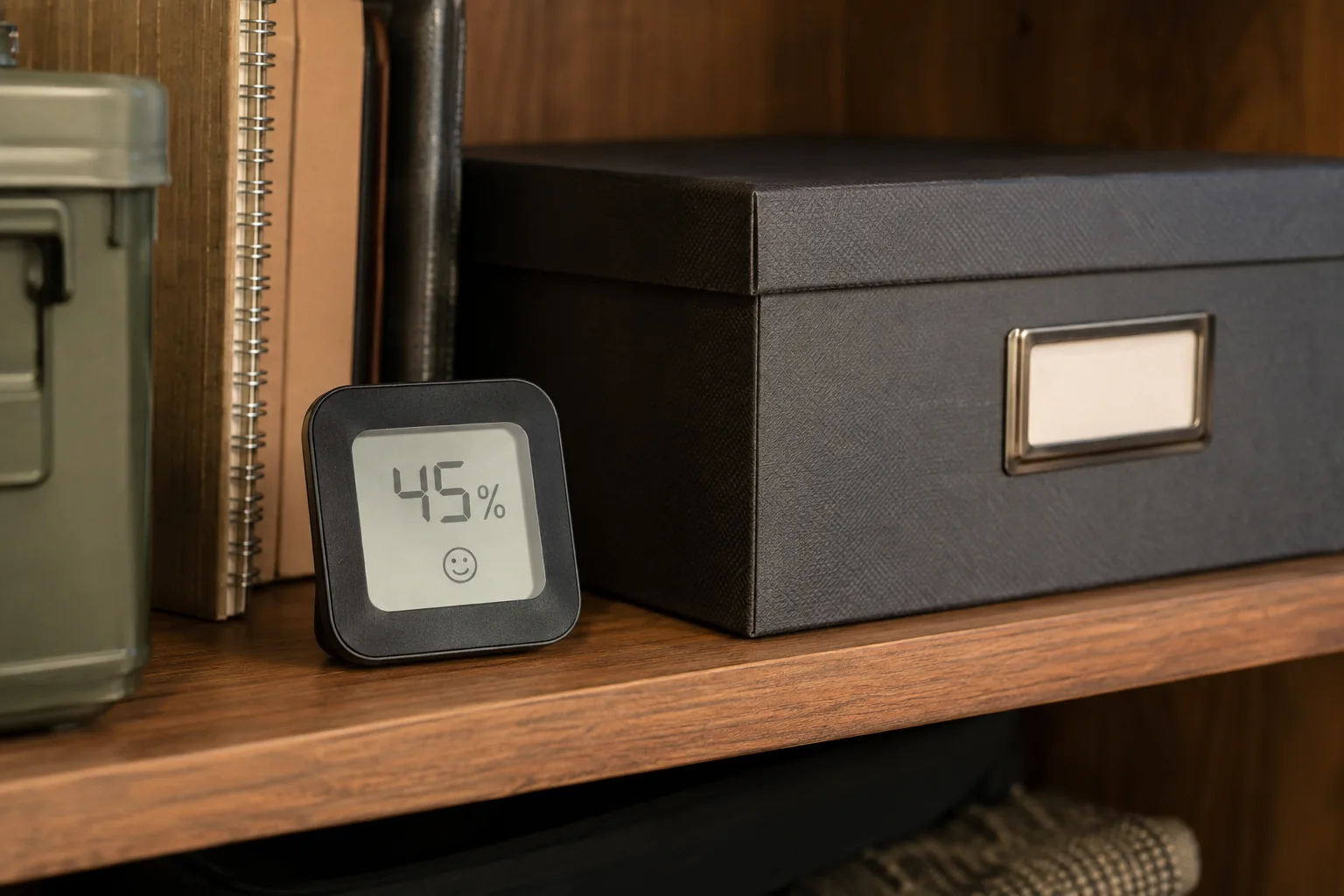 Small humidity monitor beside a document box on a shelf