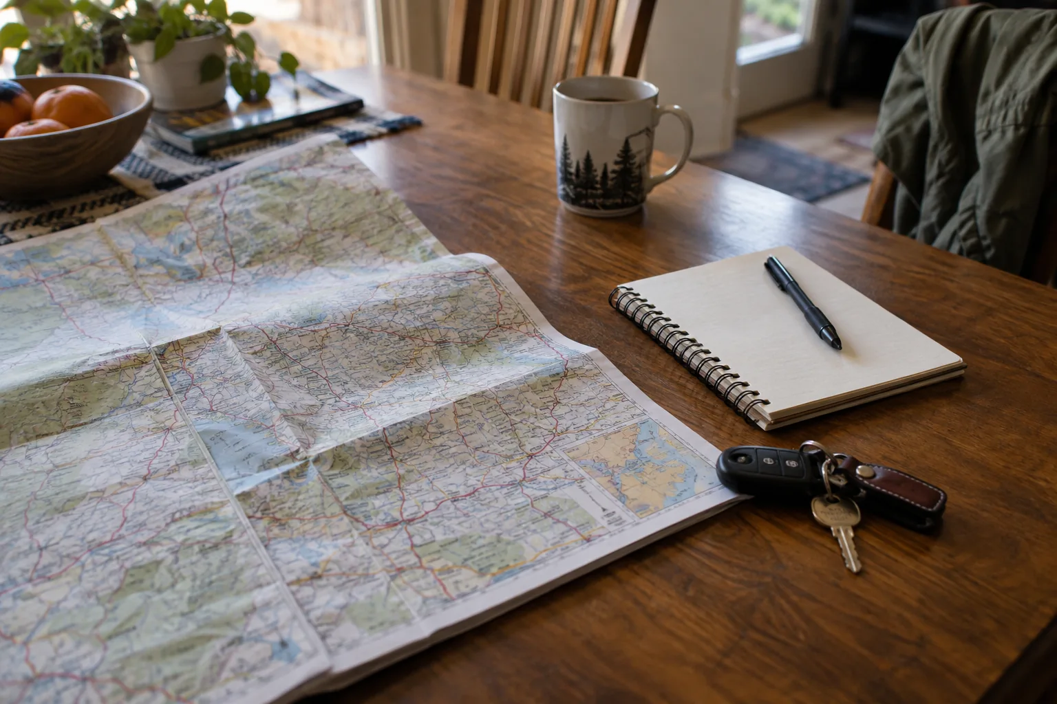 Folded road atlas, travel notebook and car keys on a table