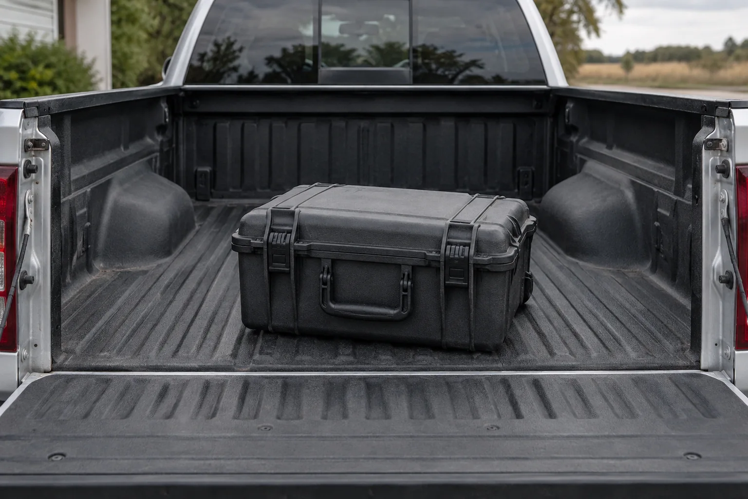 Closed equipment case in the covered load bed of a pickup