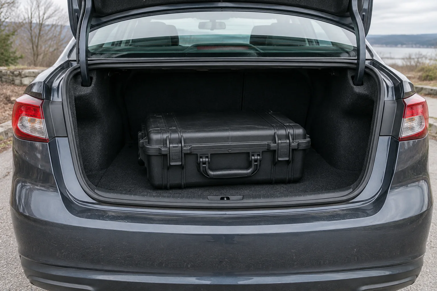 Closed protective case in the boot of a parked sedan