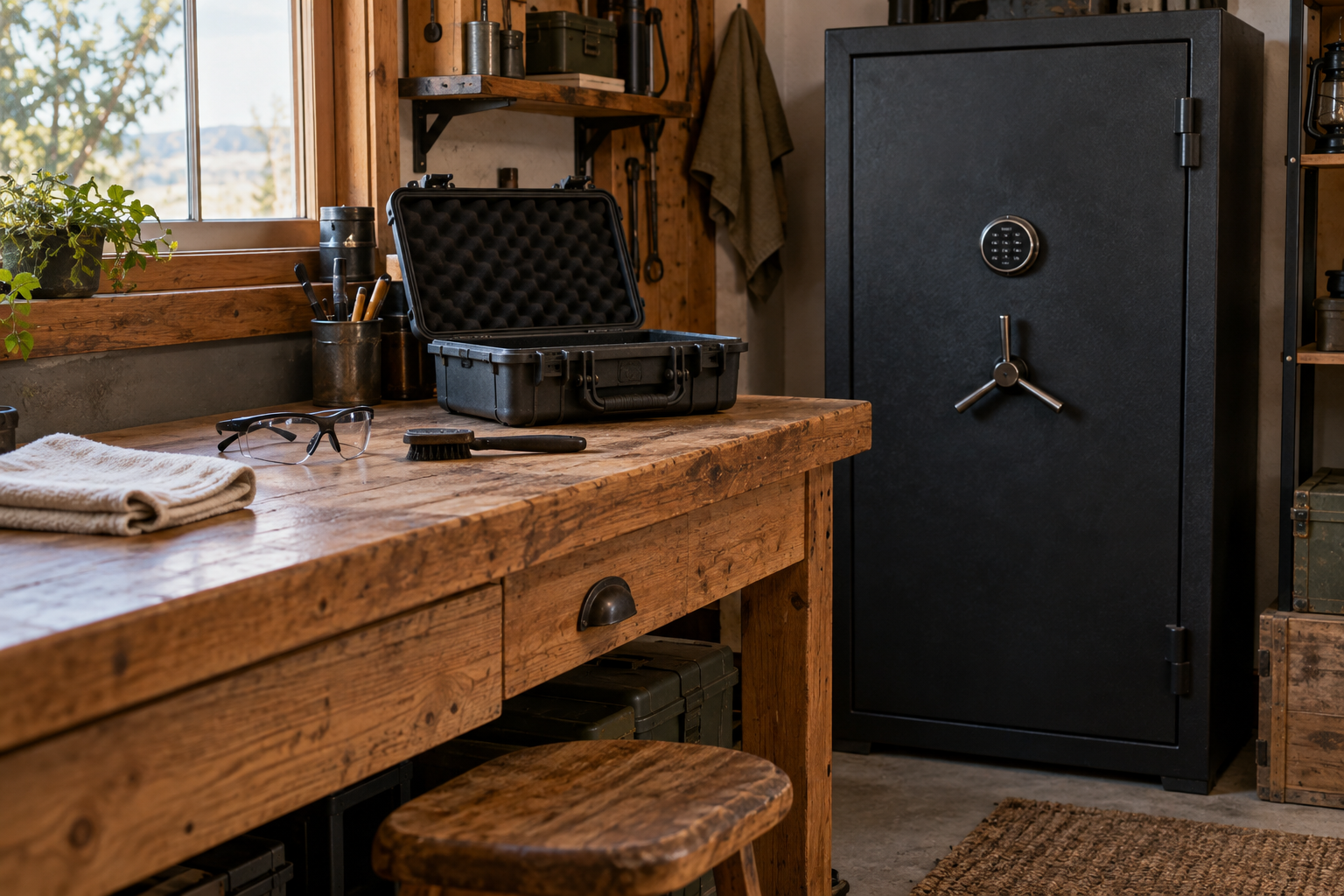 Organised workshop with a closed safe, empty protective case and maintenance tools